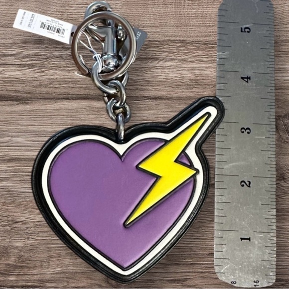 NWT COACH Heart & Bolt Silver Tone Bag Charm Or Key Ring Purple Black Yellow - Picture 4 of 8
